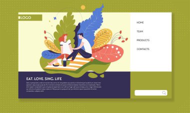 Açık etkinlik ve ilişki online web sayfası şablonu vektör çift piknik adam ve kadın yiyecek ve içecek aşk ile battaniye üzerinde oturan ve parkta Internet sitesi erkek arkadaşı ve kız arkadaşı kalma