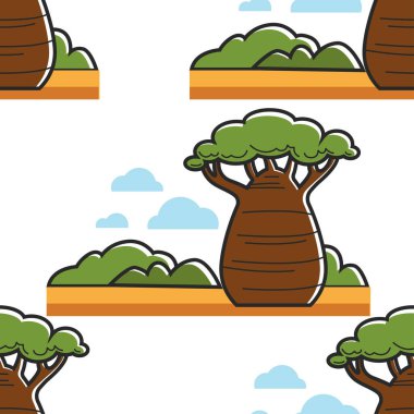 Güney Afrika doğa dikişsiz desen baobab ağaç savannah vektör bitki ve manzara kalın gövde ve yeşil yaprakları sonsuz doku seyahat ve turizm egzotik ülke safari duvar kağıdı baskı