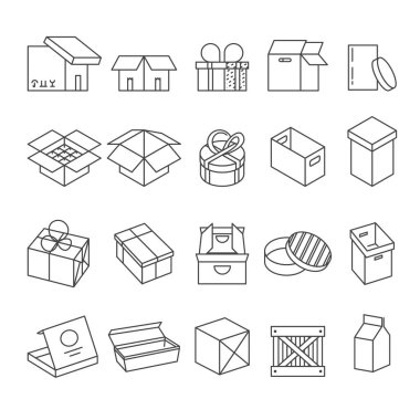 Paketler ve hediye kutuları, teslimat servisi, izole ikon vektörleri paketleniyor. Depo, malzeme ve malzeme paketleri, yiyecek ve hediye. Karton kap, pizza ve süt, kargo taşımacılığı.