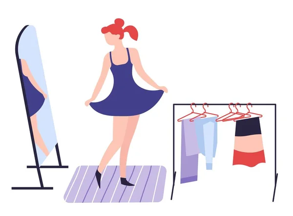 Einkaufen Hobby Mädchen Verkleiden Sich Vor Spiegel Kleidung Und Mode — Stockvektor