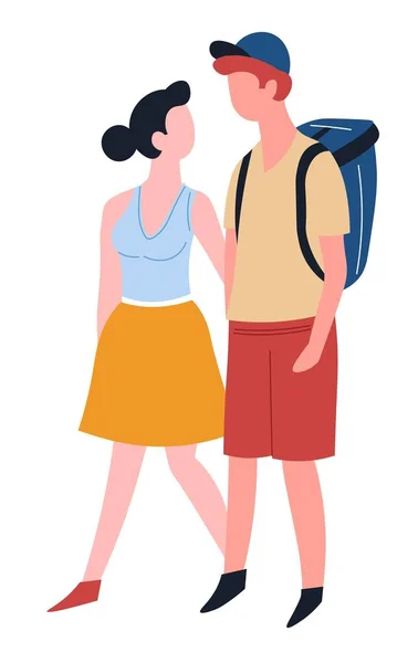 Couple Amour Voyage Homme Avec Sac Dos Femme Personnages Isolés — Image vectorielle