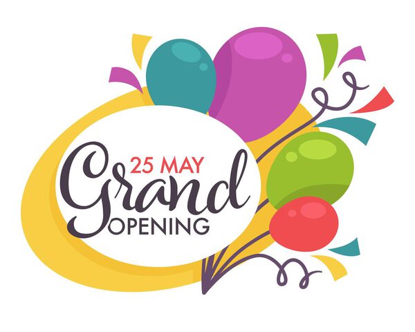 Start or beginning ceremony grand opening isolated icon balloons vector event celebration and congratulation decoration and confetti store or shop boutique or supermarket cutting ribbon ritual