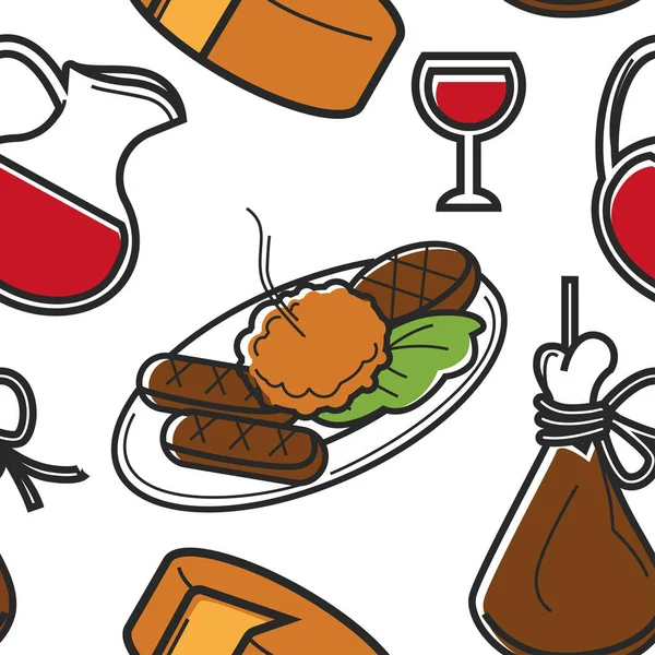 Food and drink Montenegrin national cuisine seamless pattern vector meat cutlets or steaks and squash caviar homemade wine jamon and cheese head endless texture dish wineglass and jug pork leg