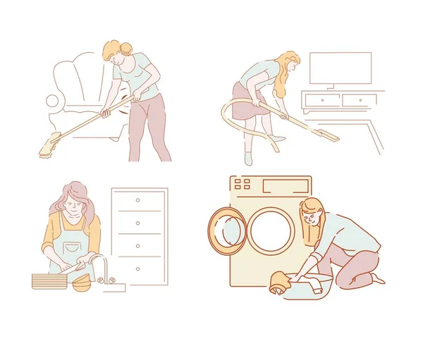 Женщины Домохозяйки Уборка Дому Уборка Домашнего Хозяйства Векторные Пылесосы Мытье — стоковый вектор
