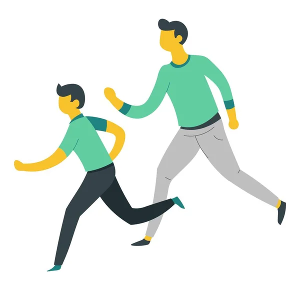 Family sport father and son running or jogging parent and child vector isolated character outdoor activity schoolboy and dad active pastime bringing up kid fatherhood and childhood love and care