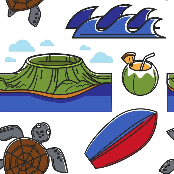 Podróż Hawajów Bezszwowe Wzór Hawaiian Symbole Kultury Wektor Wulkan Kokosowe — Wektor stockowy