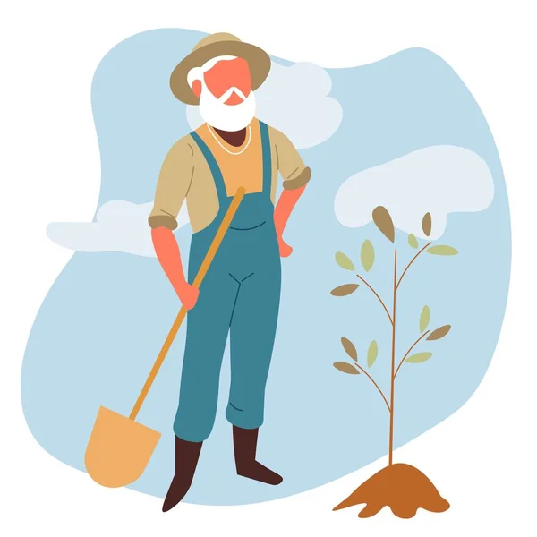 Trabalho Jardinagem Homem Idoso Com Árvore Ferramenta Vetor Broto Planta —  Vetores de Stock