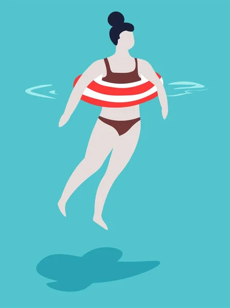 Schwimmbad Frau Mit Badeanzug Und Gestreiften Aufblasbaren Ring Vektor Mädchen — Stockvektor