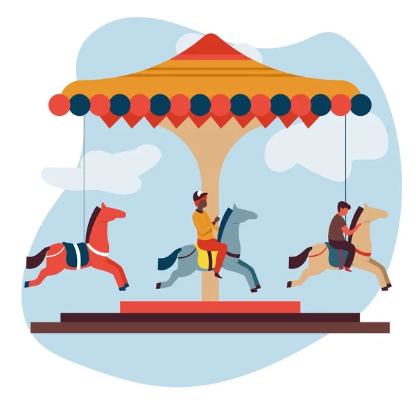 楽しいフェアアトラクションメリーゴーランドやカルーセル孤立したアイコンの子供たち馬祭りのイベントのお祝いエンターテイメントや遊園地で遊ぶ遊園地の子供たち — ストックベクタ