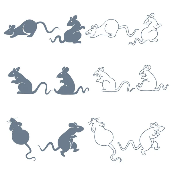 Maussilhouetten Und Isolierte Umrisse Symbole Vektor Mäuse Sitzen Und Schleichen — Stockvektor