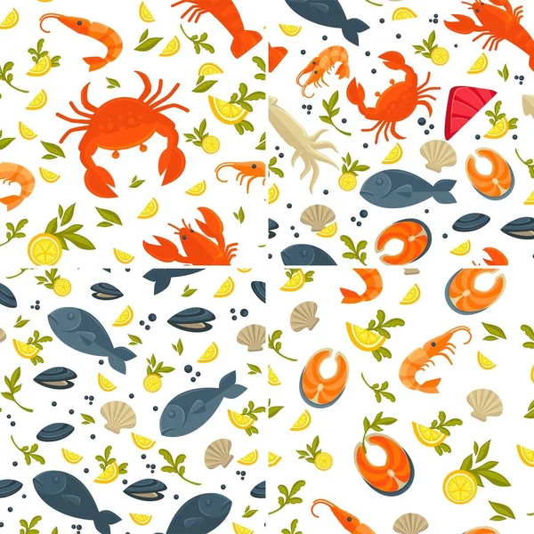 Безшовні Візерунки Морепродуктів Риба Омари Краби Креветки Векторні Кальмари Лосося — стоковий вектор