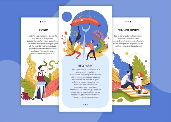 BBQ party and summer picnic web site template vector grill and sausage on fork man and woman on blanket outdoor activity celebration and recreation grilled food or snack barbecue and summertime