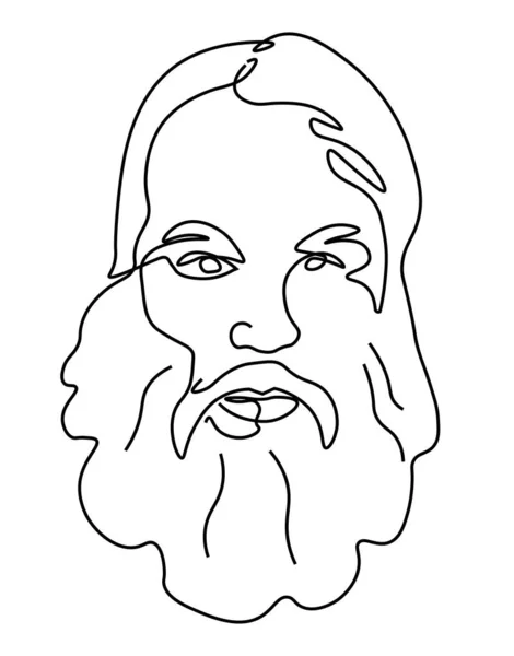 连续画线 老年男子与胡子轮廓在后方 面对孤立图标矢量 长胡子的男性角色 长发肖像 阿凡达 轮廓艺术 老年人特征轮廓 — 图库矢量图片