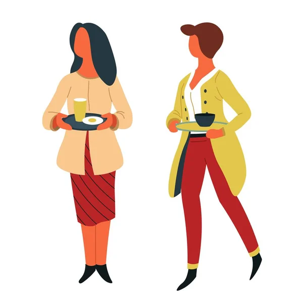 Almuerzo Mujeres Con Platos Bandejas Cantina Vector Autoservicio Aislado Personajes — Vector de stock