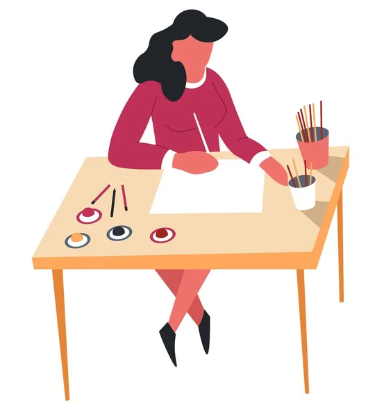 爱好和艺术妇女绘画用彩色铅笔休闲活动矢量女孩坐在木桌与纸片绘制绘画消遣和技能开发设备或文具用品 — 图库矢量图片