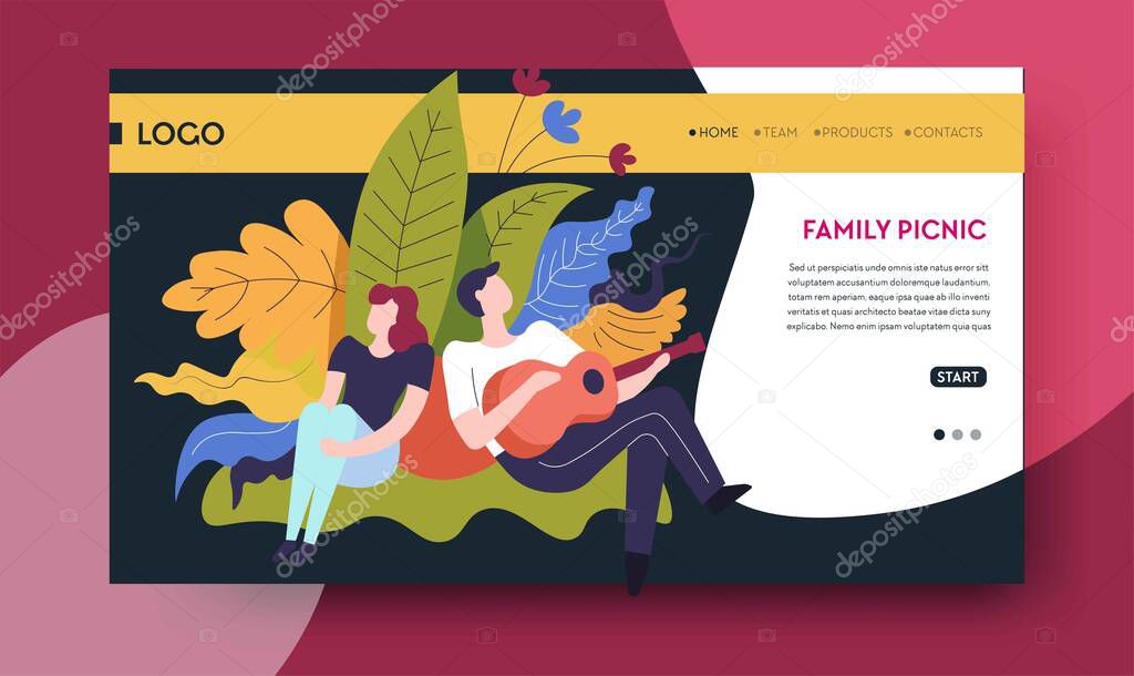 Man and woman on grass family picnic online web page template vector guy playing guitar music and outdoor pastime recreation on nature summer activity Internet site park and plants married couple