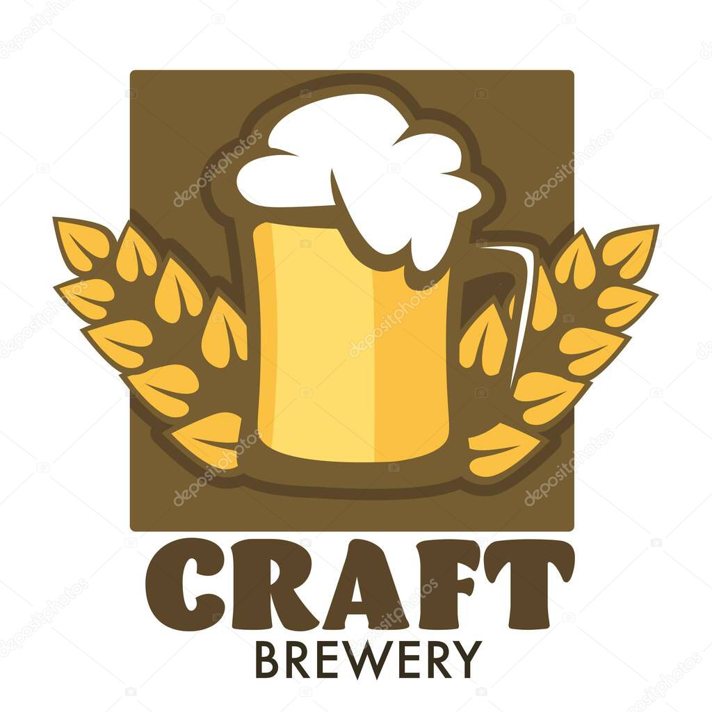 Beer mug with foam and barley spikes craft brewery isolated icon vector organic alcohol drink production cool beverage in glass cup and field crop emblem or logo hop and barley ingredients refreshment