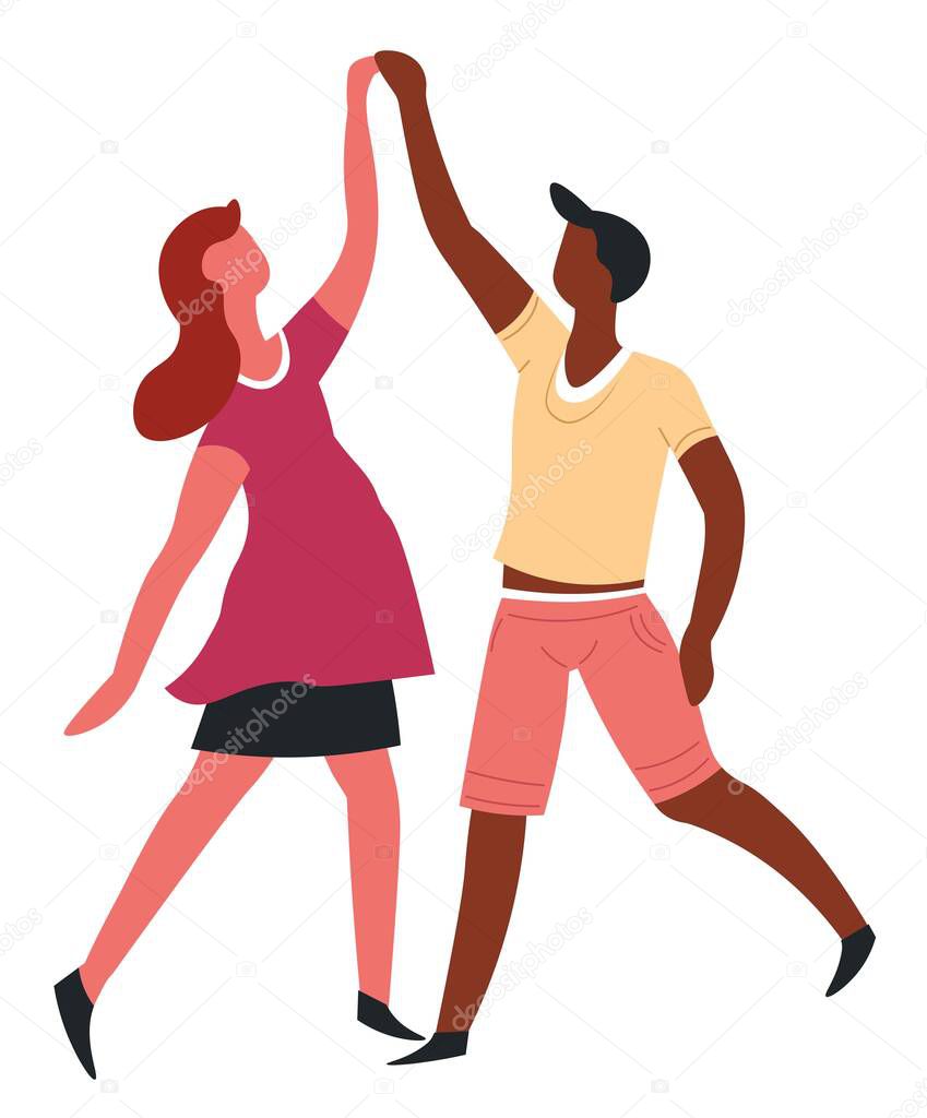 Dance couple dancing romantic date isolated characters vector African man and European woman movement or step holding hands international love entertainment and having fun boyfriend and girlfriend