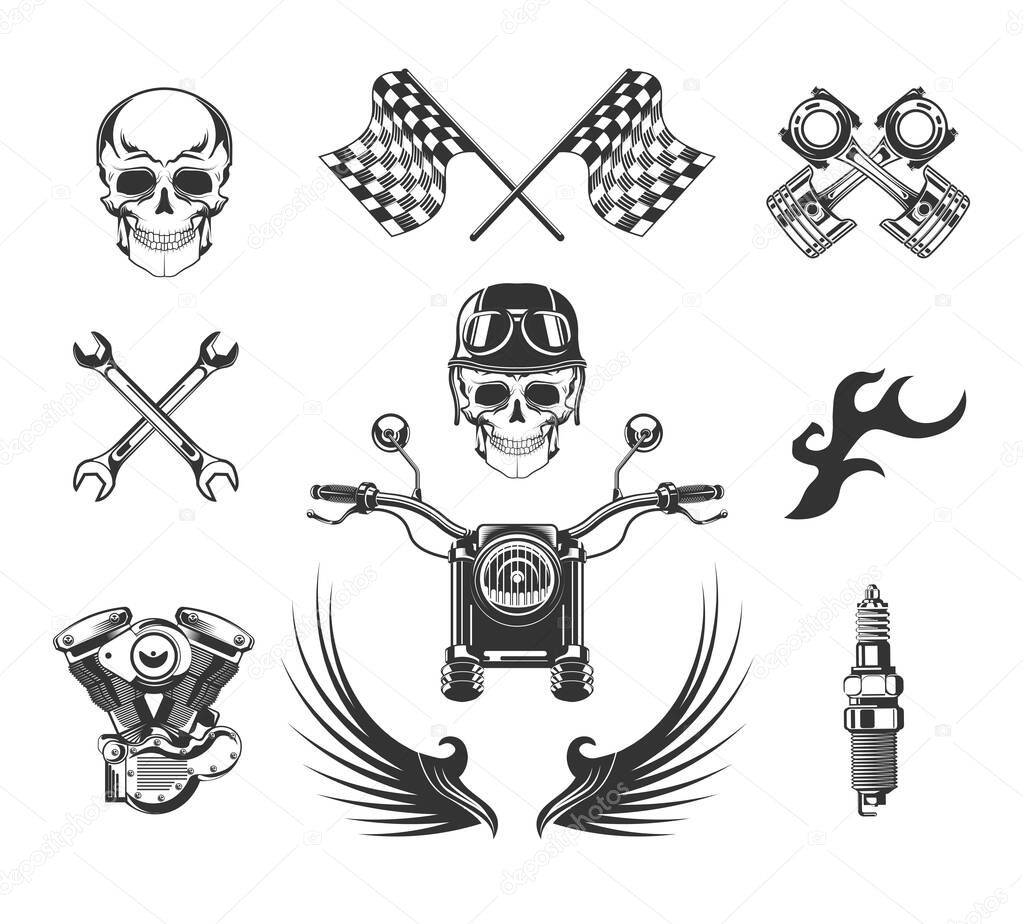 Motorcycle club isolated icons, bikers community symbols vector. Skull and checkered flags, pistons and wrench, helmet and goggles, tattoo and engine. Bike and auto repair parts, races and rock