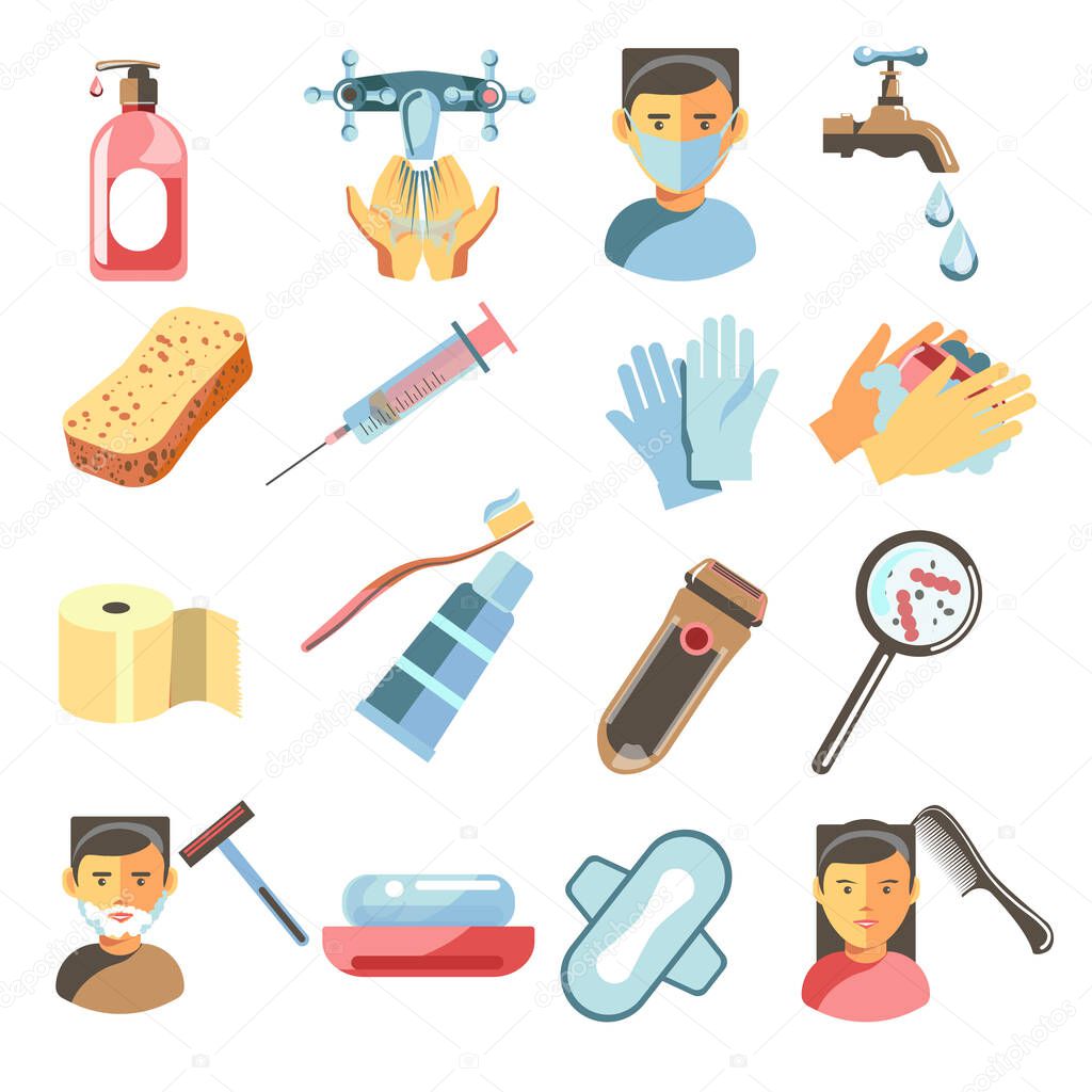 Personal hygiene means and tools isolated icons vector. Soap and hand washing, medical mask and water tap, sponge and syringe. Gloves and toilet paper roll, toothbrush and razor, pad and hairbrush