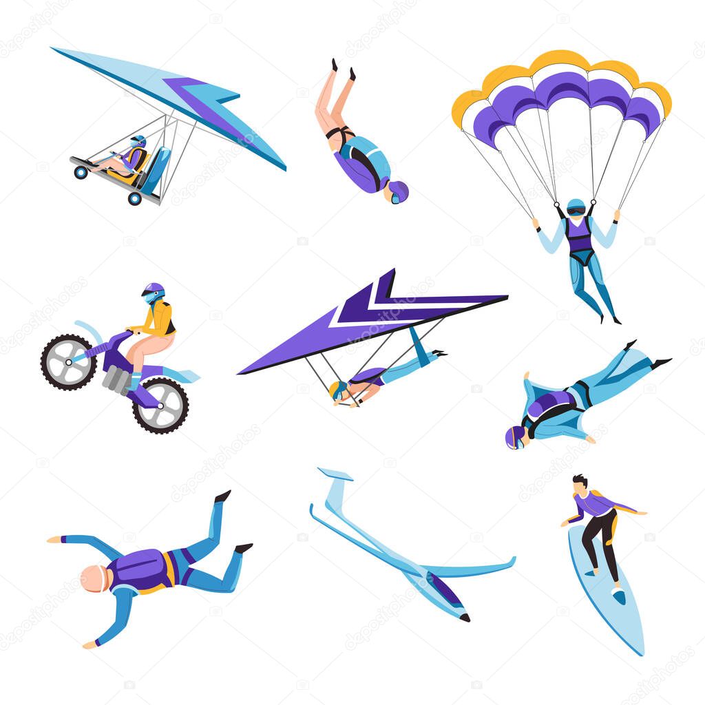 Flying or riding extreme air sport flying and jumping isolated characters vector parachute and hang glider wingsuit and motorcycle surfing man in protective clothing helmet or diving costume