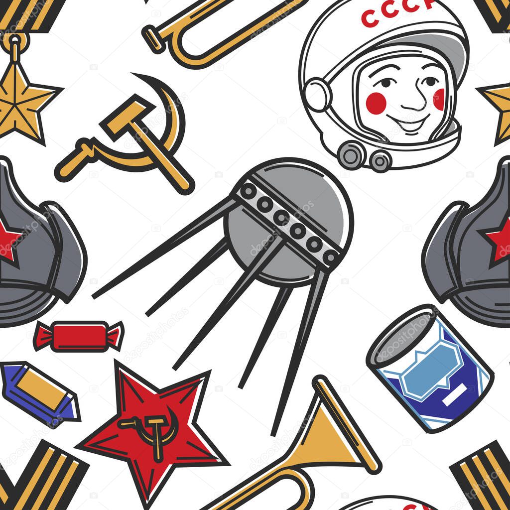 Soviet Union seamless pattern USSR symbols retro items vector spaceman and satellite red star and horn condensed milk and sweets St George ribbon medal hammer and sickle soldier hat endless texture
