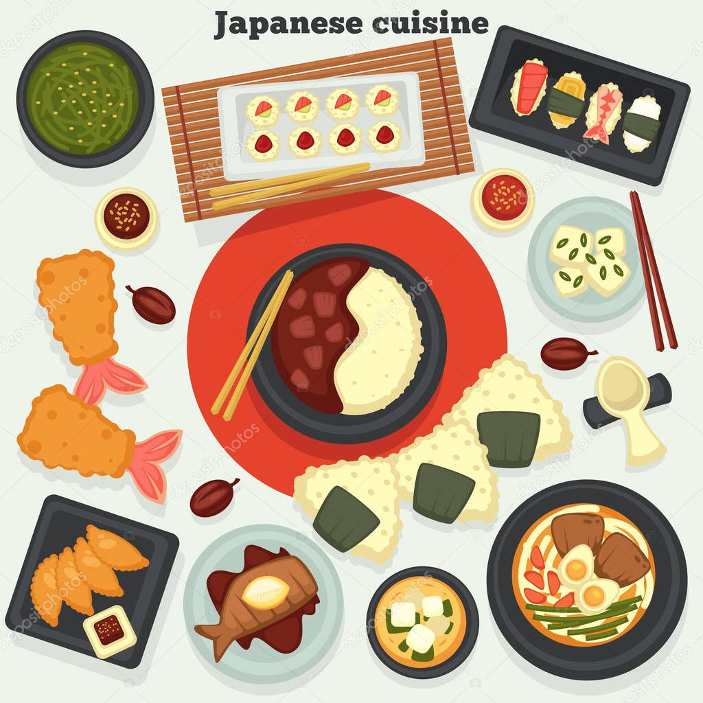 Oriental food and seafood Japanese cuisine dishes and meals vector sushi and rolls seaweed or miso soup and rice with meat deep-fried shrimps roasted fish and ramen onigiri soy sauce and chopsticks