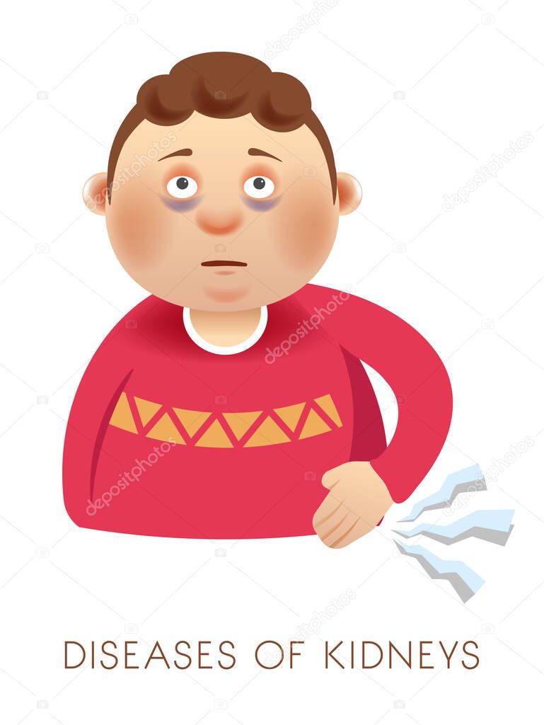 Nephropathy, kidney disease or diabetes, sick boy with bruises under eyes vector. Man with pain in bladder or back, urinary system disorder. Sick child with organ damage, medicine and healthcare