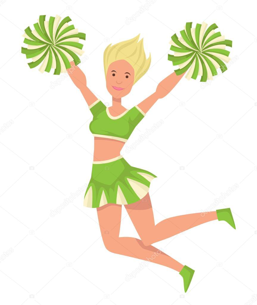 Cheerleader in uniform girl with pompoms jumping isolated female character vector cheering up sport team dancing and showing tricks support football or basketball school university or college student