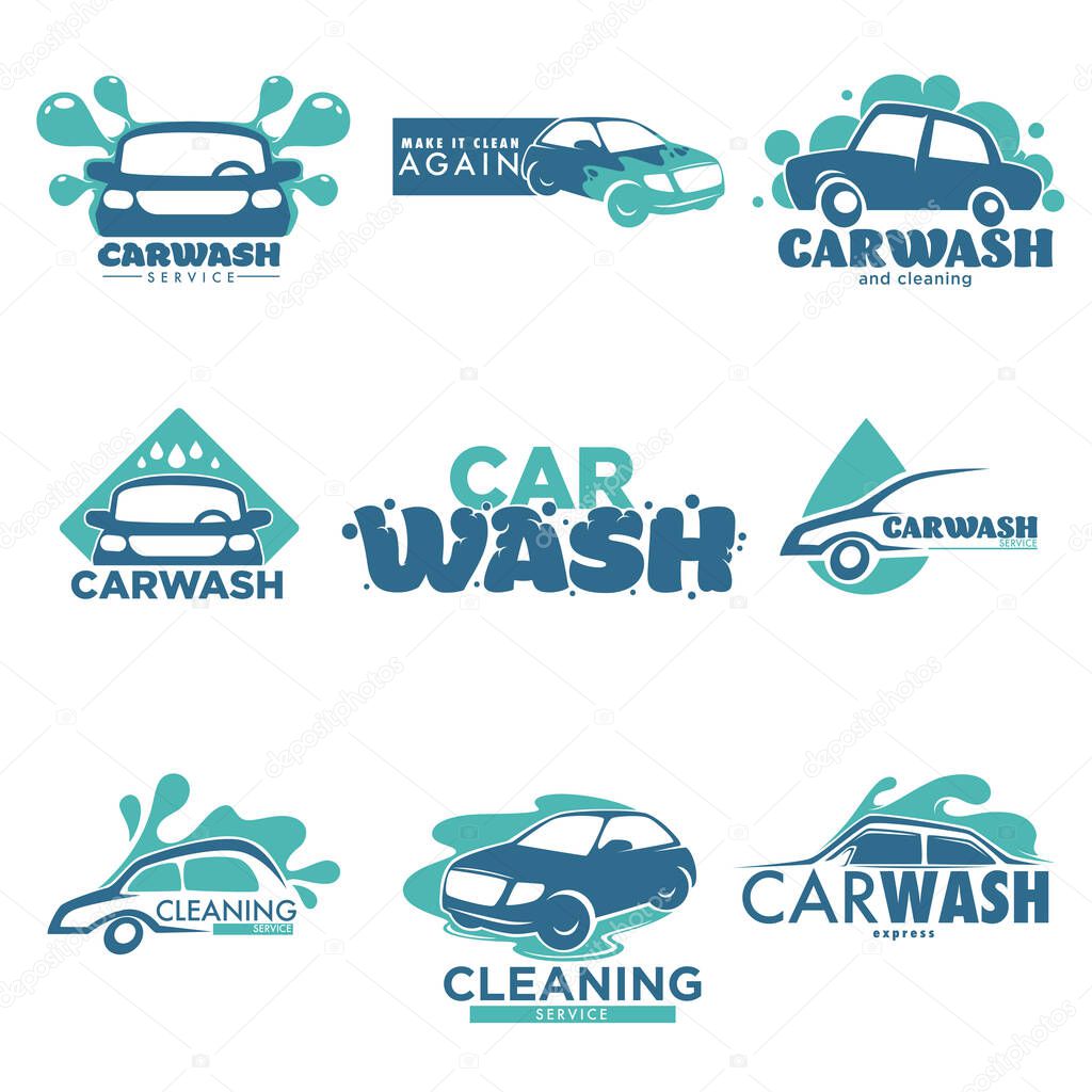 Car cleaning service carwash station isolated icons vehicle and transport vector washing dirty transport water and foam cleanliness and hygiene transportation emblem or logo automobile maintenance