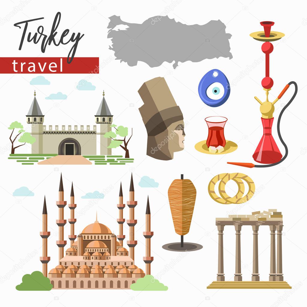 Travel to Turkey, landmarks and cuisine, isolated cultural objects vector. Castle and mosque, statue and ancient pillars, meat on skewer and pastry. Tea and hookah, evil eye protection mascot