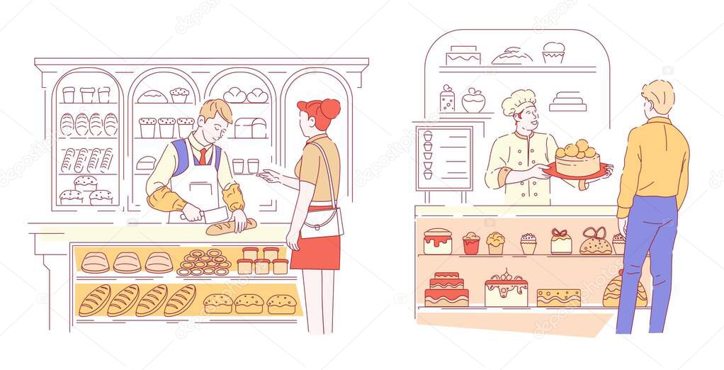 Bread and cakes bakery and pastry shop vendor and customer vector buns and cupcakes baker and confectioner buyer wheat dough dish and dessert of chocolate cream and icing man in apron and cook uniform
