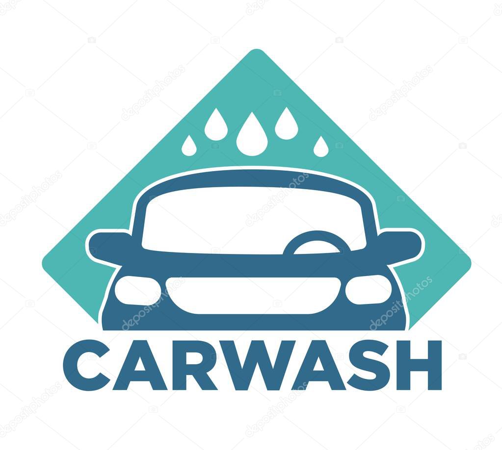 Car cleaning service carwash station isolated icon vehicle and water drops vector washing dirty transport with detergents transportation renovation emblem or logo automobile maintenance cleanliness