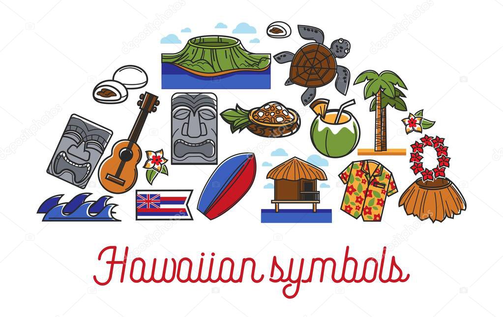 Traveling to Hawaiian symbols travel to Hawaii vector bungalow and volcano surfboard and tiki statue guitar and palm turtle and straw skirt coconut cocktail and pineapple salad flower ornament shirt