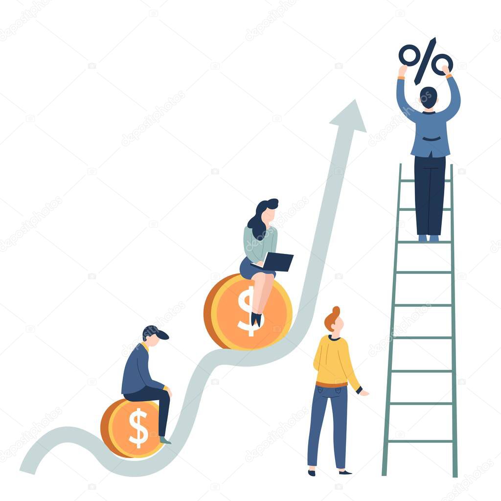 Profit growth business concept salary and career startup vector gold coins and graphic percentage increase man on ladder woman with laptop businessman and businesswoman entrepreneurs teamwork