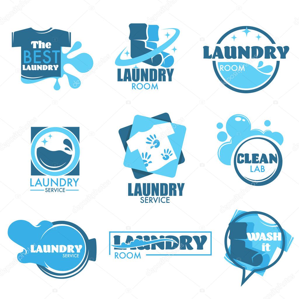 Clothes and washing machine drum laundry service isolated icon vector cleaning laundromat T-shirt and socks emblem or logo bubbles and foam household chore or housekeeping hygiene maintenance