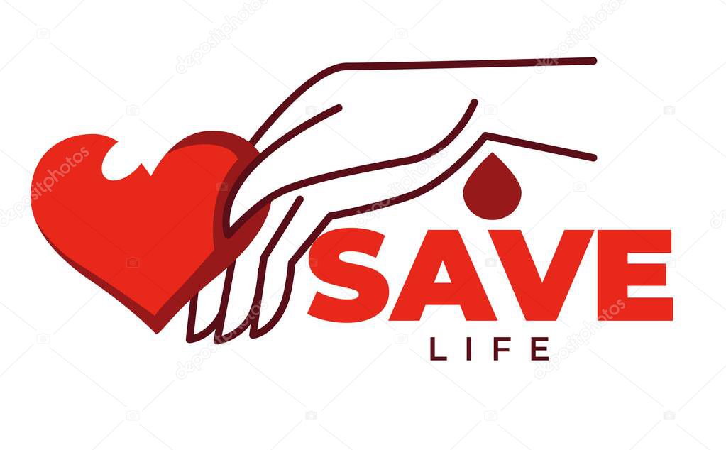 Save life isolated icon heart and hand charity fund vector medical aid blood and organs donation and health insurance endless texture emblem or logo protection and rescue volunteers organization