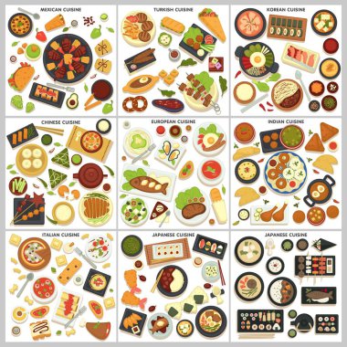 Seyahat uluslararası mutfak menü yemek ve yemek yemekleri vektör Meksika ve Türk Kore ve Çin Avrupa ve Hint İtalyan ve Japon yemekleri et balık ve tatlılar malzemeler ve içecekler