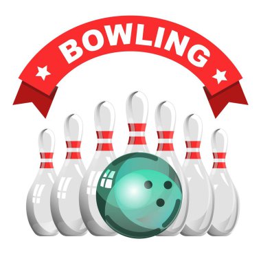 Skittles ve top bowling oyunu kulübü izole simge vektör spor ve eğlence yarışması veya turnuva cilalı oyun ekipmanları grev ve puan alma amblemi veya kurdele üzerinde logo işareti