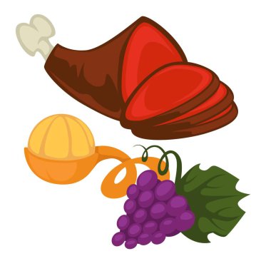 Rönesans dönem gıda domuz bacak mandalina veya mandalina ve üzüm demet vektör et ve meyve veya berry pişmiş oyun ve organik hasat kavrulmuş yemek veya yemek ve madde narenciye ürün domuz
