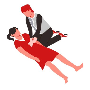 Paramedik ve hasta ilk yardım kalp masajı tıbbi yardım vektör izole erkek ve kadın karakterler erkek ve kadın rehabilitasyon hayat kurtarma veya kurtarma acil kalp atışı reanimasyon