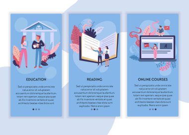 Online ders eğitimi ve okuma web sayfaları şablonları vektör kitapları veya ders kitapları ve dizüstü uzaktan öğrenme ve bilgi erkek ve kız öğrenciler Internet sitesi mockup kız ve erkek eğitimi