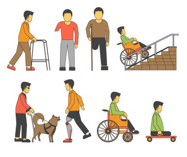 Tekerlekli sandalye ya da protez engelli kişi izole edilmiş erkek karakter vektör kamışı ve tekerlekli sandalye rehber köpeği kör ve engelli erkekler vücut ilacını ve sağlık hizmetini kaybetti