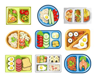 Tepside öğle yemeği, sağlıklı yiyecekler, okul atıştırmalıkları izole ikonlar taşıyıcısı. Pizza ve sebze, yulaf lapası veya mısır gevreği, tavuk ve mantar, suşi ve kızarmış yumurta. Ekmek tostları ve sosis, somon ve havyar.