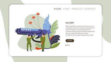 Askeri silah ve asker üniforma ordu Internet web sayfası şablonvektör savaş ve savunma askeri silah online site açılış sayfası mockup tabanca ve kask subayları çekim soyut bitkiler ateş