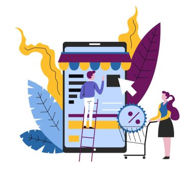 Süpermarket sepeti veya tramvay vektör satış veya indirimli web ödeme e-ticaret müşteri satın alma veya mal satış müşterileri ve mobil gadget ve cihaz satın alma ile Online alışveriş akıllı telefon uygulaması kadın
