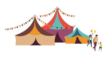 Büyük üst sirk aile ve hafta sonu eğlence renkli çadır vektör anne baba ve çocuk balonlar göstermek veya performans seyirci eğlenceli fuar karnaval veya fuar eğlence ve festival olay