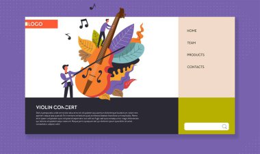 Music concert violin and musician web page template vector man or violinist playing string musical instrument art performance online tickets order Internet site mockup melody notes and symphony clipart