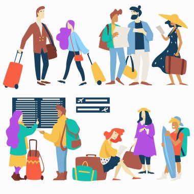 Uçak yolcuları havaalanı bekleme odası ve kalkış programı yönetim kurulu vektör yolcuları ile bagaj erkek ve kadın bavul ve çanta seyahat ve uçuş biletleri aile veya sörf tahtası ile arkadaş çocuk