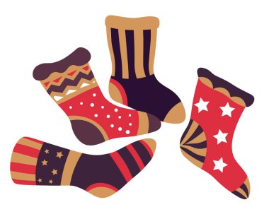 Noel çorapları, şenlikli şömine aksesuarları. Örgü, çizgili çoraplar, yıldızlar, noktalı izler ya da süs. Kış tatili sezonu ve beyaz arka planda temalı vektör illüstrasyonları.